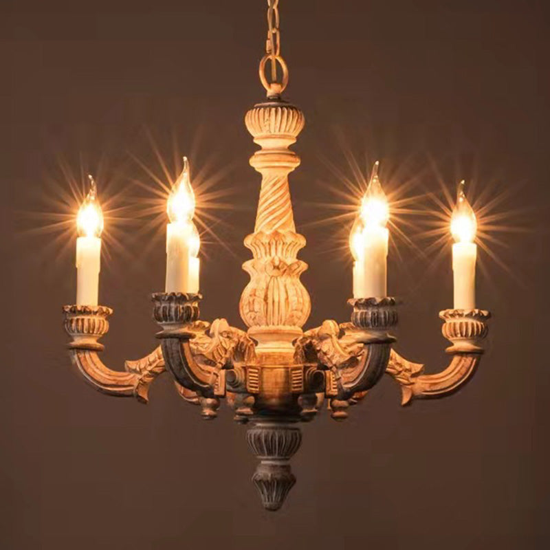 6-Light Faux Candle Chandelier Light Fixture Traditional Distressed White Wooden Suspension Lamp