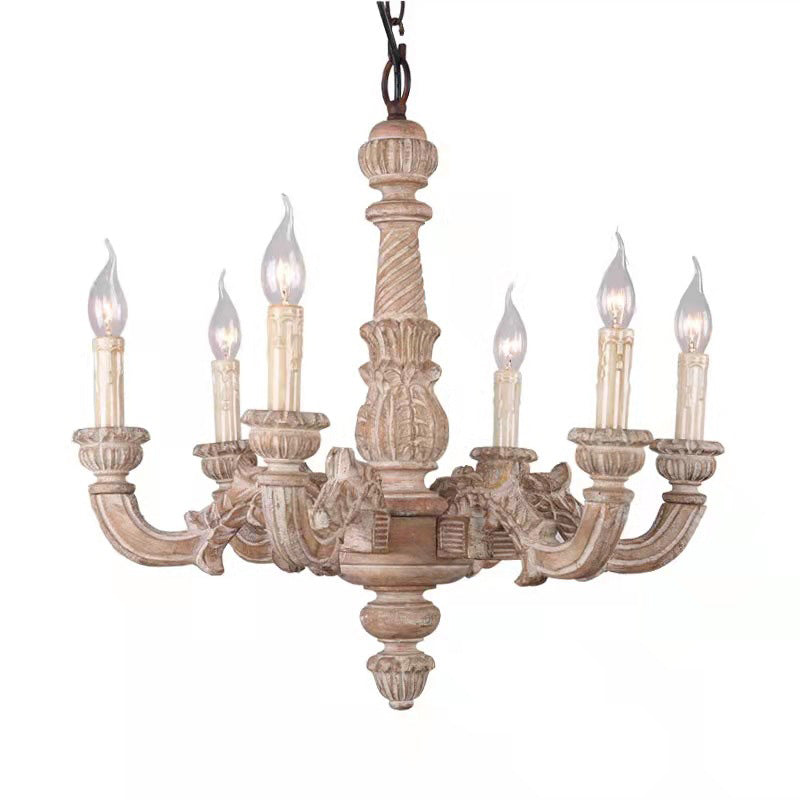 6-Light Faux Candle Chandelier Light Fixture Traditional Distressed White Wooden Suspension Lamp