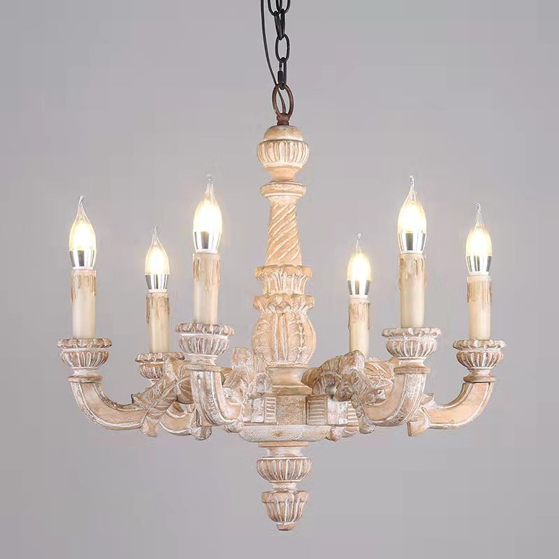 6-Light Faux Candle Chandelier Light Fixture Traditional Distressed White Wooden Suspension Lamp