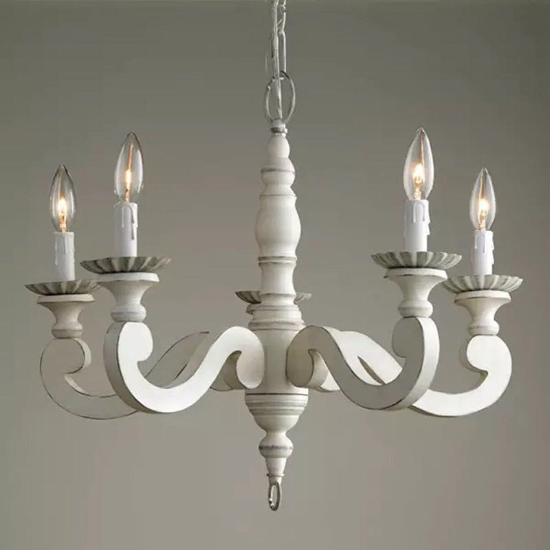 Ceiling Chandelier French Country Candle Wooden Pendant Lighting in White