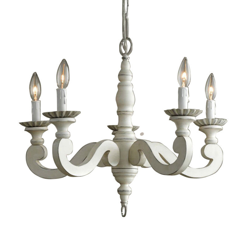 Ceiling Chandelier French Country Candle Wooden Pendant Lighting in White