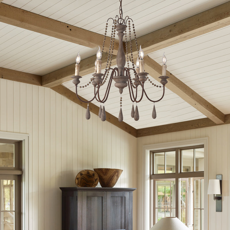 Candlestick Chandelier French Country Wooden Dining Room Hanging Light Fixture