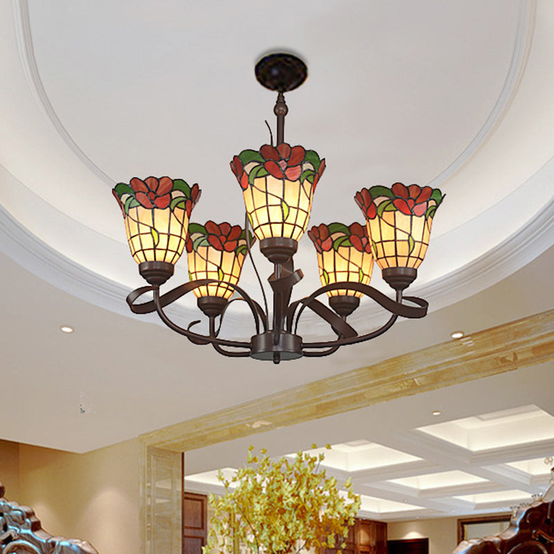 En verre coupé en verre rouge pendentif lumineux fleur 3/5 lumières de plafond méditerranéen pour la cuisine