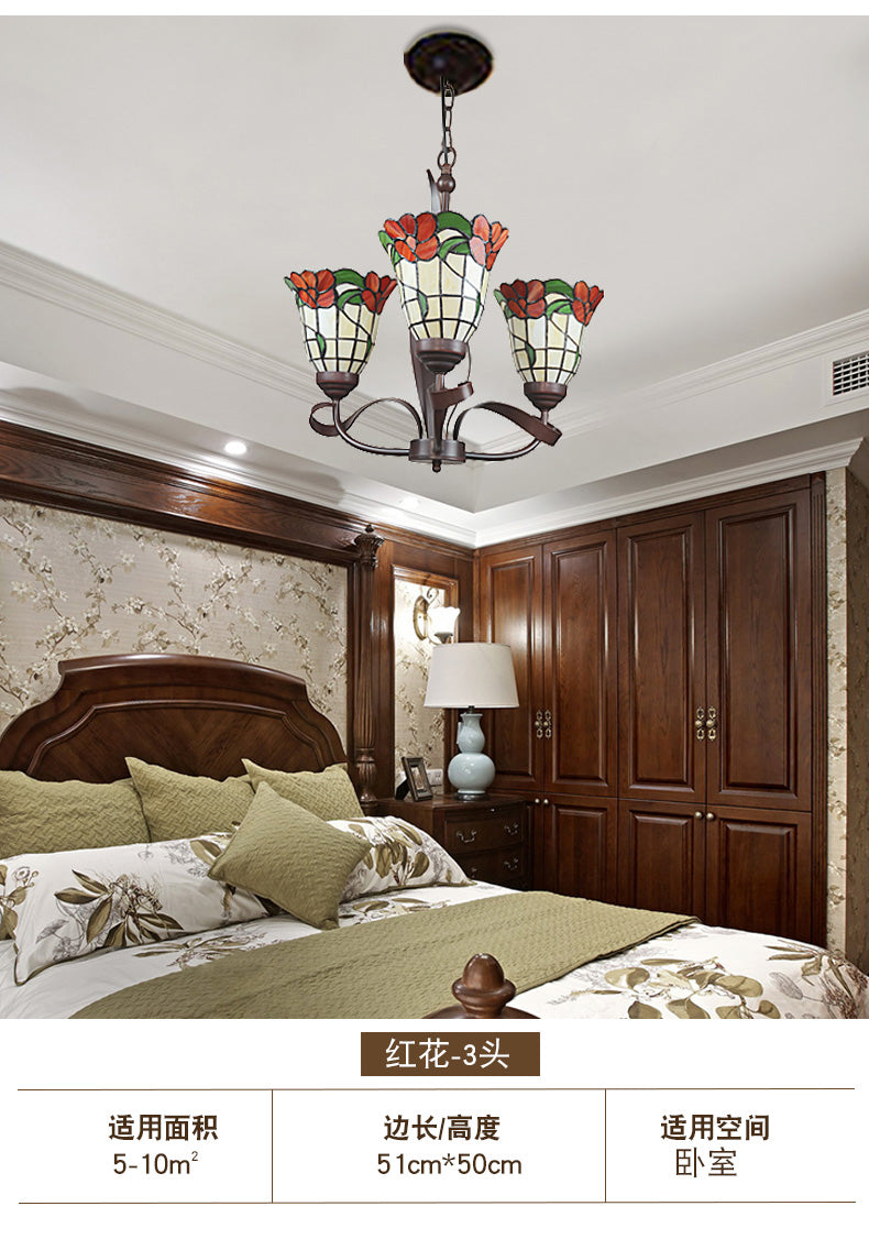 Cut Glass Red Chandelier Pendant Light Blossom 3/5 Lights Mediterranean Ceiling Lamp for Kitchen