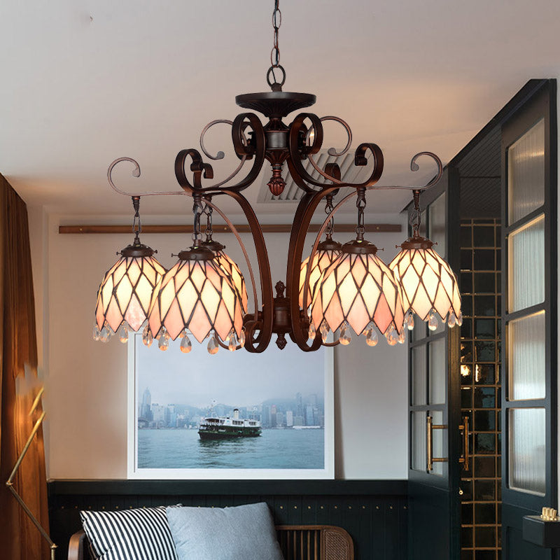 Tiffany Flower Pendant Chandelier 6 Lights Stained Glass Hanging Ceiling Light in Black for Living Room