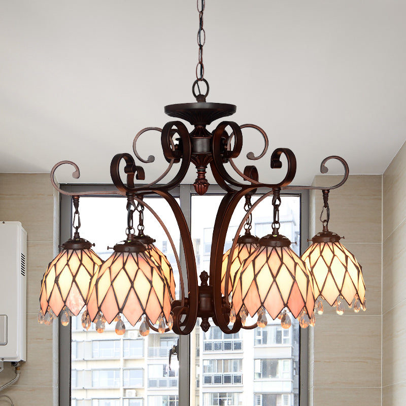 Tiffany Flower Pendant Chandelier 6 Lights Stained Glass Hanging Ceiling Light in Black for Living Room