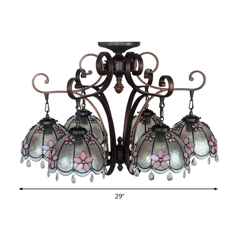 Chandelier suspendu à fleur Baroque Verre coupée à la main 6 lumières Bleu / Texture de plafond argenté pour le salon