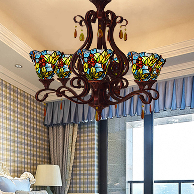 6 lumières Plafond de chambre lustre victorien rouge / rose / pendentif tombant avec une teinte en vitrail floral
