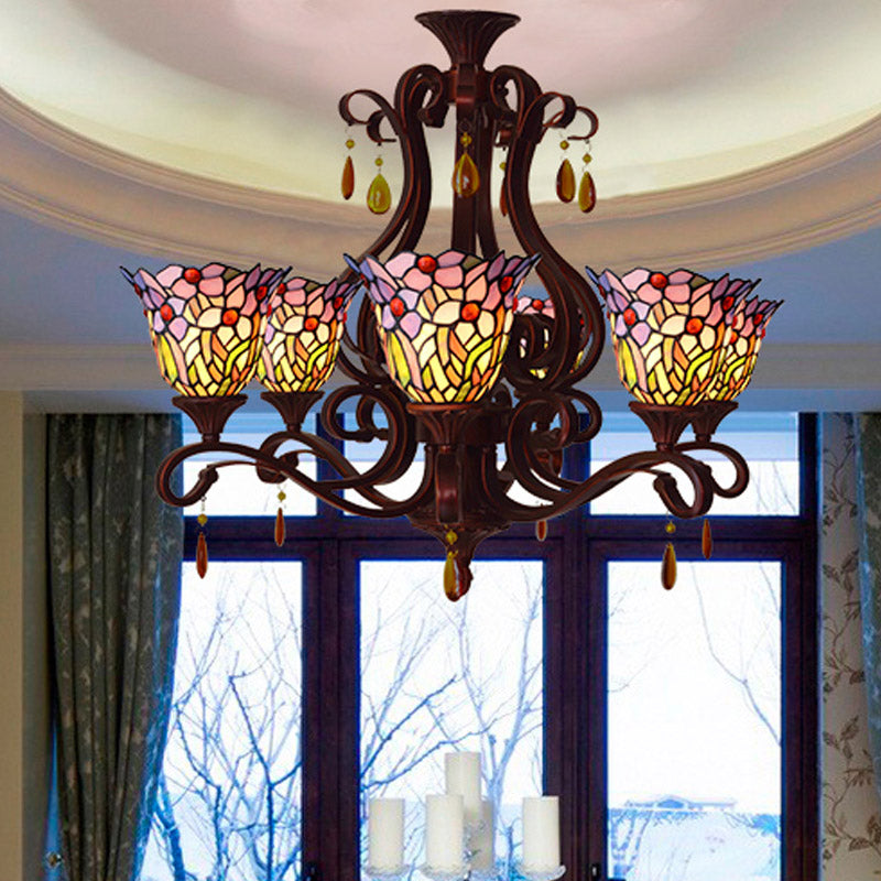 6 lumières Plafond de chambre lustre victorien rouge / rose / pendentif tombant avec une teinte en vitrail floral