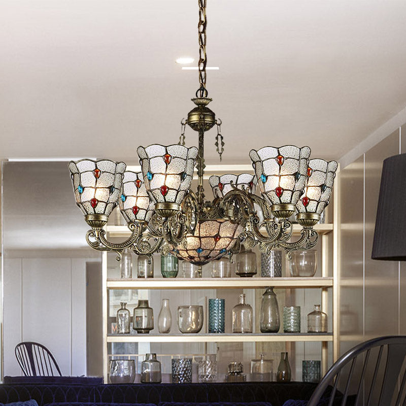 Verre en verre givré Strolling bras pendant lustre Tiffany Style 9/12 Lumières Bronze Hanging Lamp Kit pour le salon
