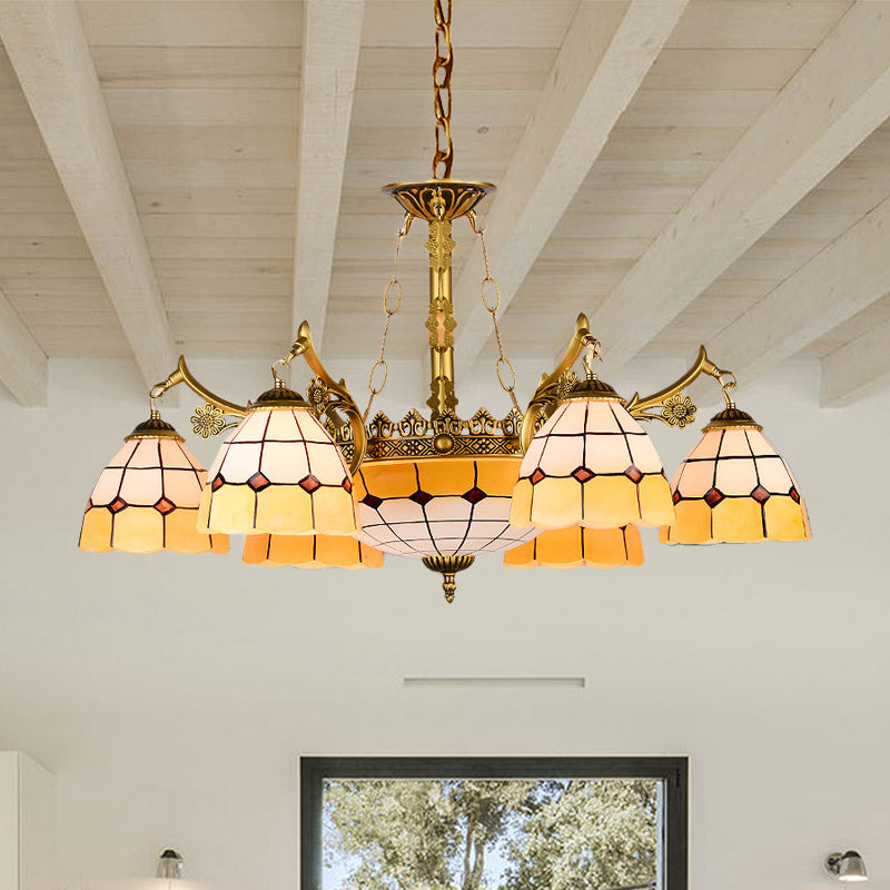 Domed Stained Glass Ceiling Chandelier Mediterranean 11 Lights Yellow Drop Pendant for Living Room