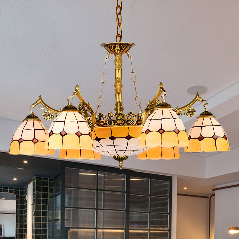 Domed Stained Glass Ceiling Chandelier Mediterranean 11 Lights Yellow Drop Pendant for Living Room