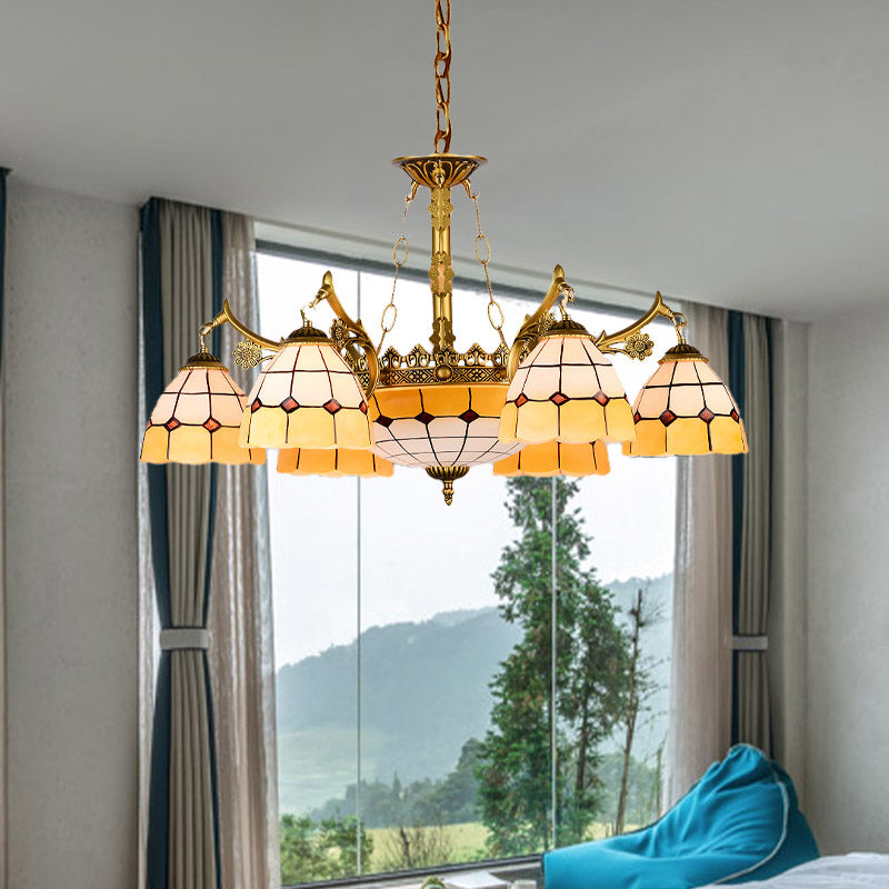 Domed Stained Glass Ceiling Chandelier Mediterranean 11 Lights Yellow Drop Pendant for Living Room