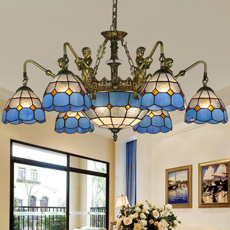 Grille d'éclairage d'éclairage en vitrail bleu à motifs 5/9/11 Lumières Baroque Suspension Lampe
