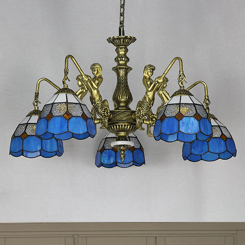 Grille d'éclairage d'éclairage en vitrail bleu à motifs 5/9/11 Lumières Baroque Suspension Lampe