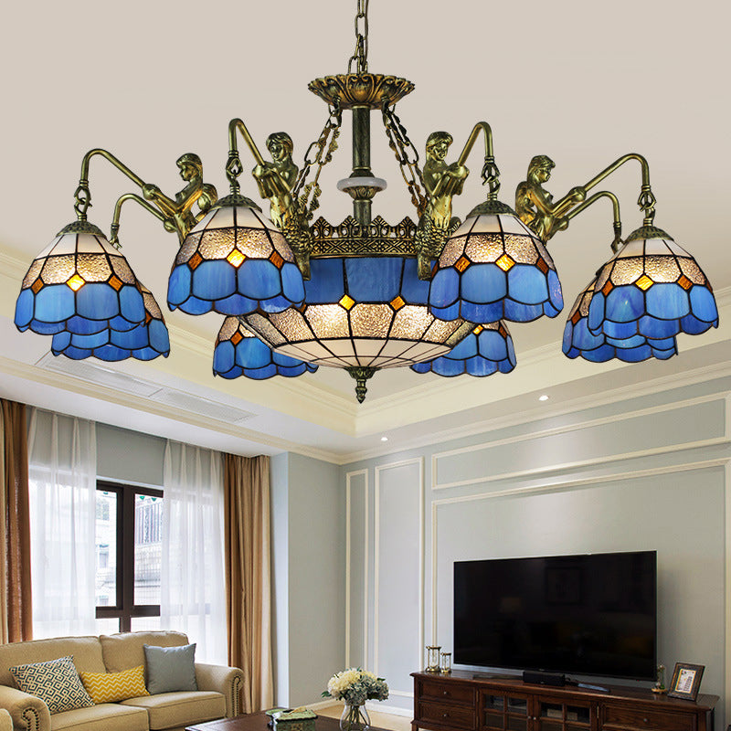 Grille d'éclairage d'éclairage en vitrail bleu à motifs 5/9/11 Lumières Baroque Suspension Lampe