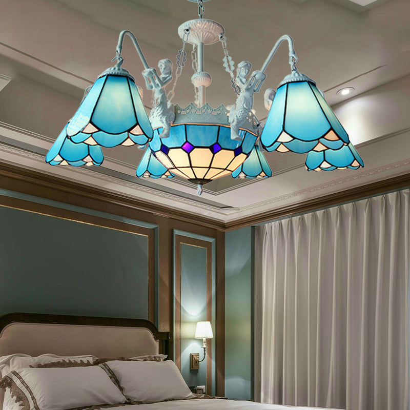 Stained Glass Cone Pendant Chandelier Baroque 7/9 Lights Yellow/Blue Hanging Light Kit for Living Room