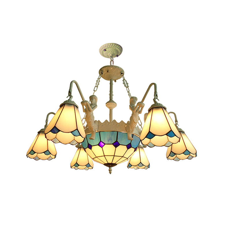 Stained Glass Cone Pendant Chandelier Baroque 7/9 Lights Yellow/Blue Hanging Light Kit for Living Room