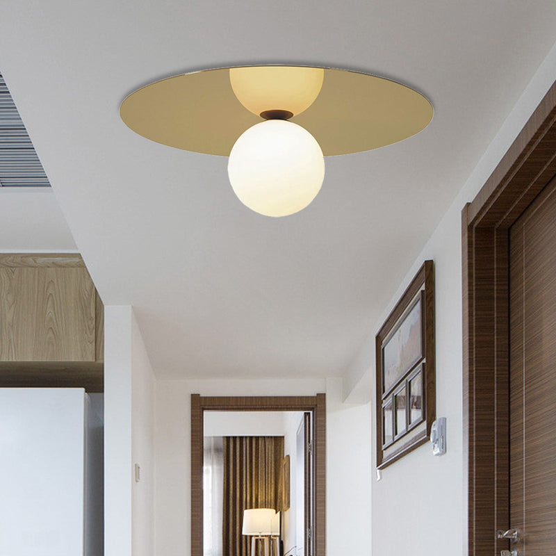 12" W Brass Finish Round Flushmount Ceiling Lamp Contemporary 1 Bulb Ceiling Flush Mount Light with Milk Glass Shade