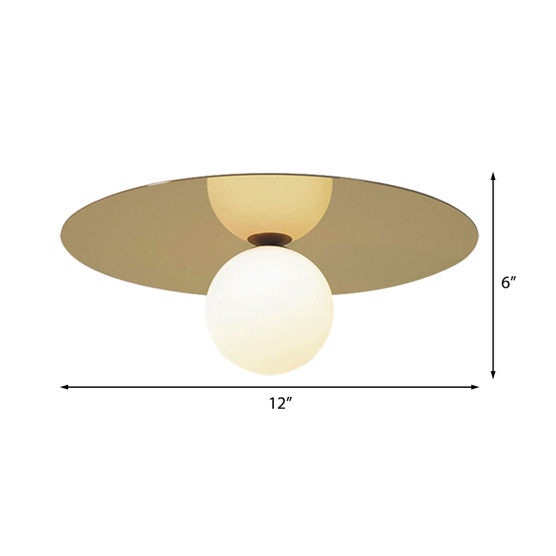 12" W Brass Finish Round Flushmount Ceiling Lamp Contemporary 1 Bulb Ceiling Flush Mount Light with Milk Glass Shade