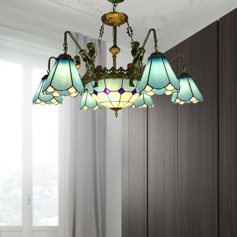 7/9 Lights Living Room Chandelier Light Tiffany Bronze Pendant Lighting Fixture with Cone Yellow/Blue Glass Shade