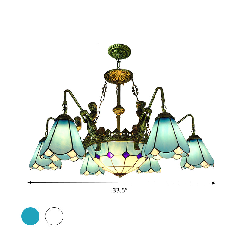 7/9 Lights Living Room Chandelier Light Tiffany Bronze Pendant Lighting Fixture with Cone Yellow/Blue Glass Shade