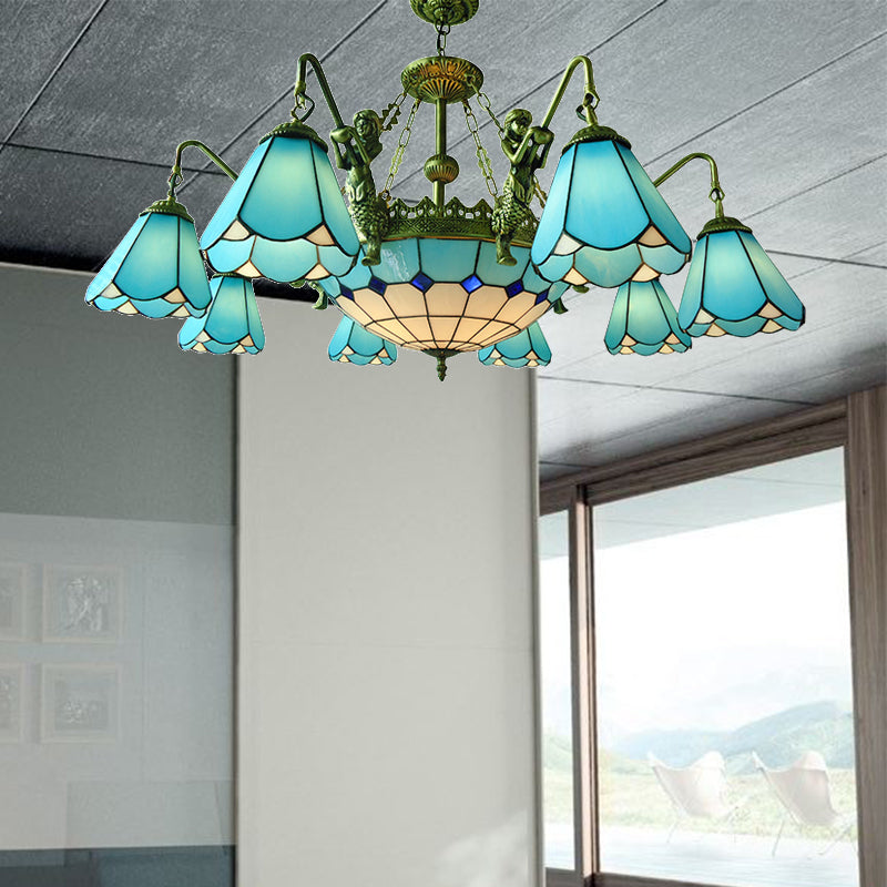 7/9 Lights Living Room Chandelier Light Tiffany Bronze Pendant Lighting Fixture with Cone Yellow/Blue Glass Shade