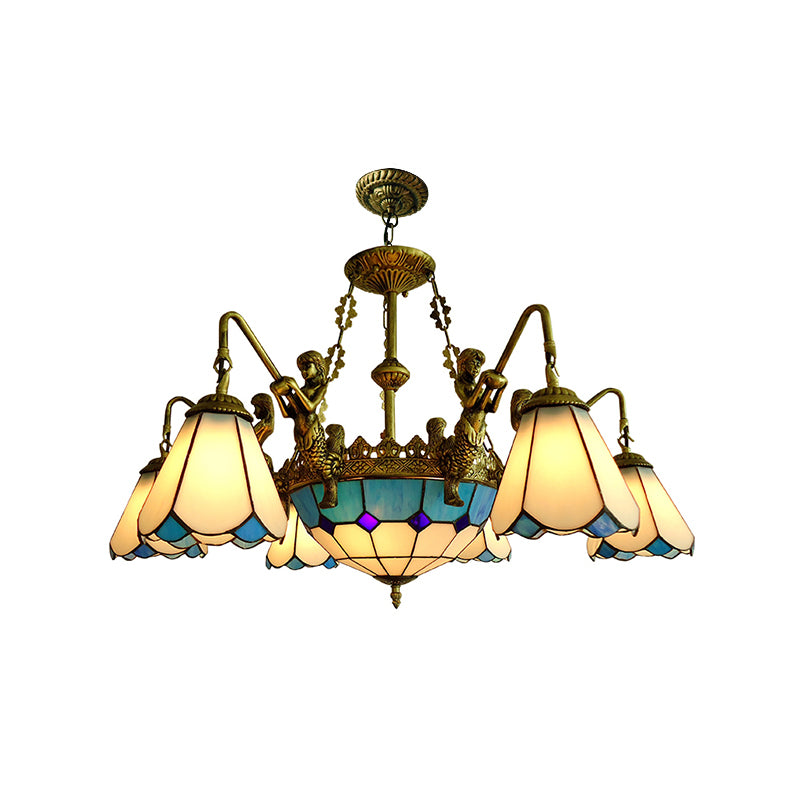 7/9 Lights Living Room Chandelier Light Tiffany Bronze Pendant Lighting Fixture with Cone Yellow/Blue Glass Shade