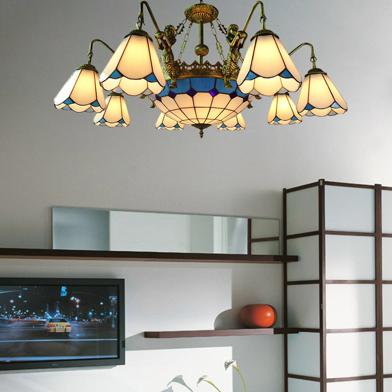 7/9 Lights Living Room Chandelier Light Tiffany Bronze Pendant Lighting Fixture with Cone Yellow/Blue Glass Shade