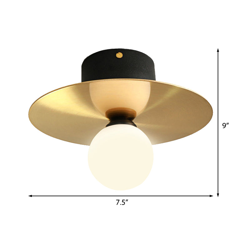 Milk Glass Globe Light Fixture Ceiling with Golden Disk Contemporary 1 Bulb Ceiling Light for Living Room