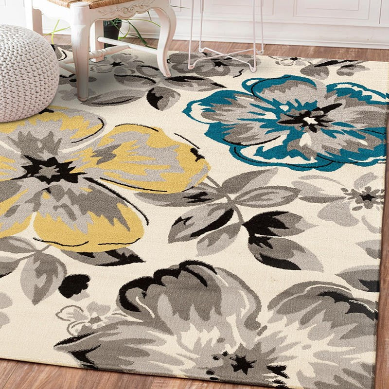 Solid Color Simple Indoor Rug Polyester Plants Print Carpet Non-Slip Backing Rug for Home Decoration