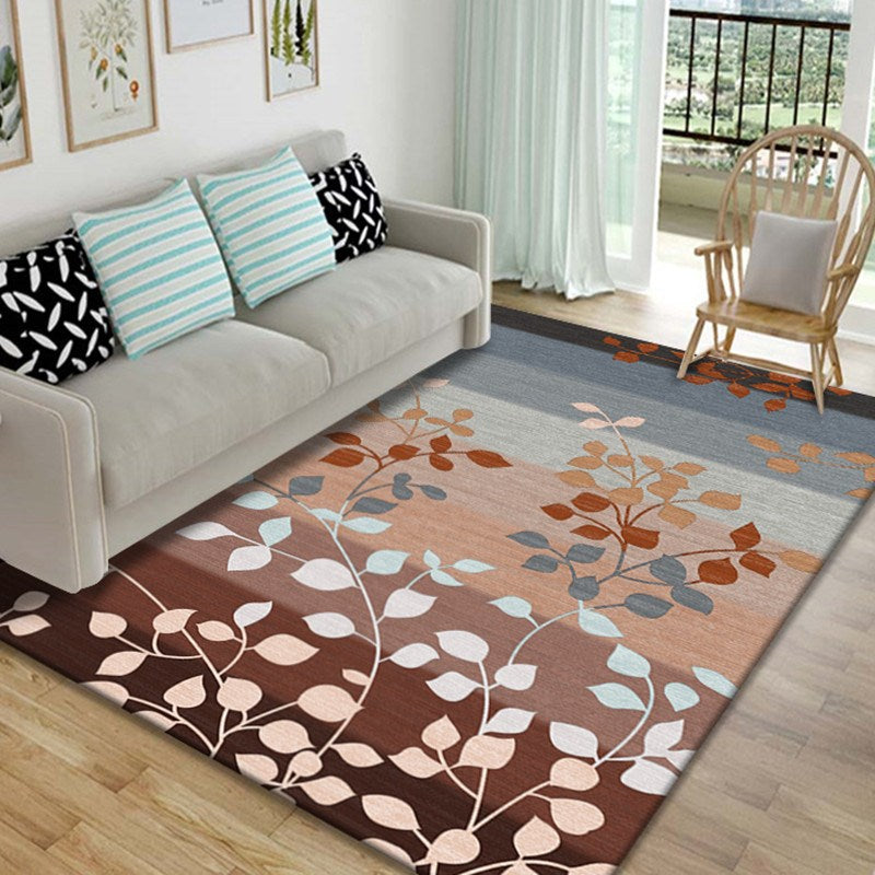 Solid Color Simple Indoor Rug Polyester Plants Print Carpet Non-Slip Backing Rug for Home Decoration