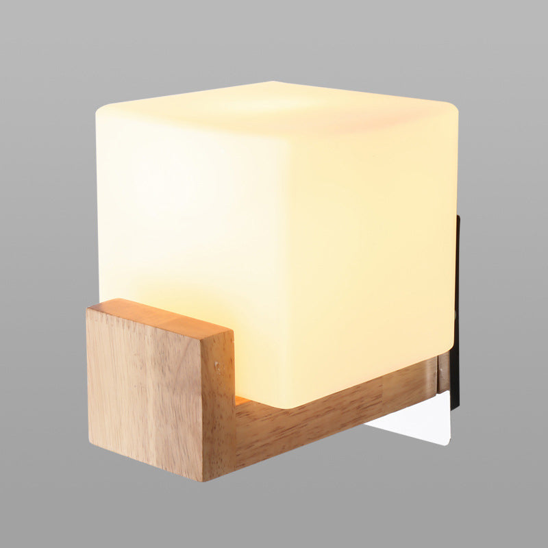 Contemporary 1 Head Sconce Light Wood Square Wall Mounted Lighting with White Glass Shade