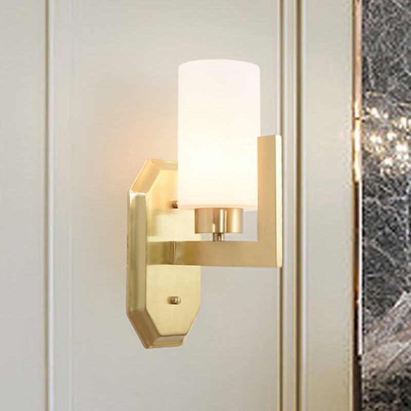 1 Bulb Living Room Wall Lamp Modern Gold Sconce Light Fixture with Tubular Milk Glass Shade
