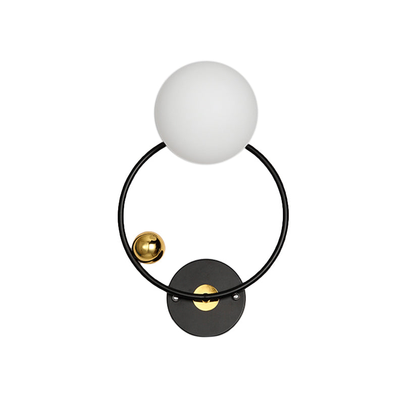 Black Circular Wall Lighting Modernist 1 Head Metal Sconce Light Fixture with Opal Glass Shade