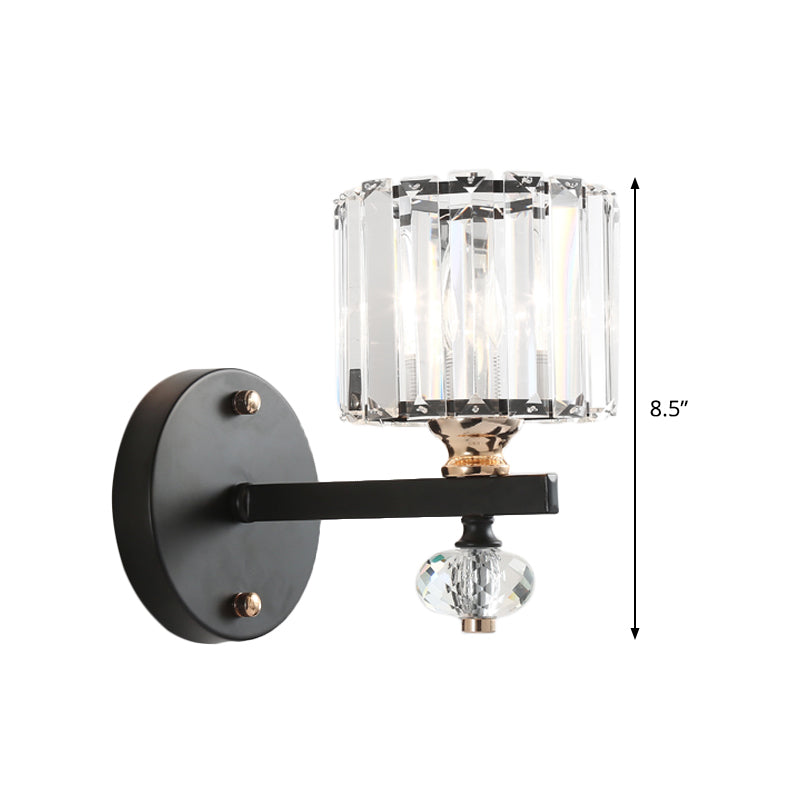Drum Sconce Light Contemporary Clear Ribbed Glass 1 Head Wall Mounted Lamp in Black
