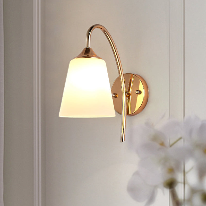 Milk Glass Tapered Sconce Contemporary 1 Bulb Wall Lighting Fixture in Gold with Metal Gooseneck Arm