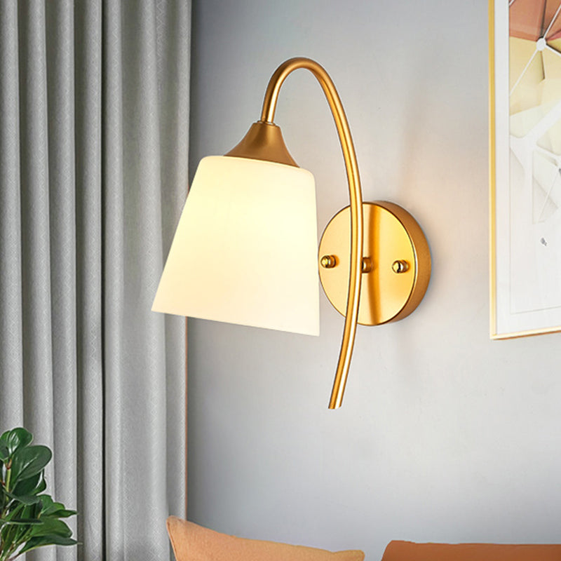 Milk Glass Tapered Sconce Contemporary 1 Bulb Wall Lighting Fixture in Gold with Metal Gooseneck Arm