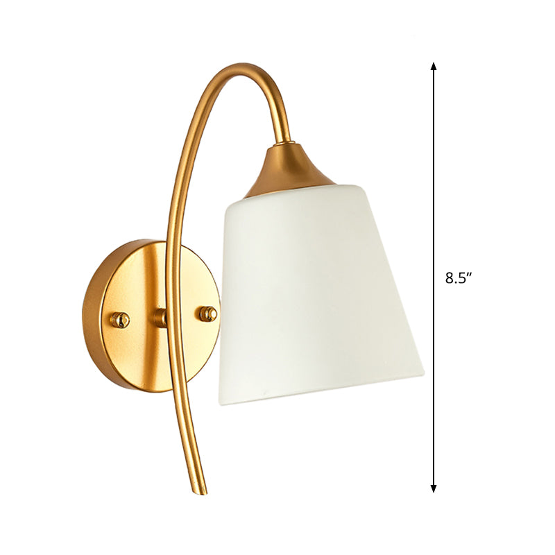 Milk Glass Tapered Sconce Contemporary 1 Bulb Wall Lighting Fixture in Gold with Metal Gooseneck Arm