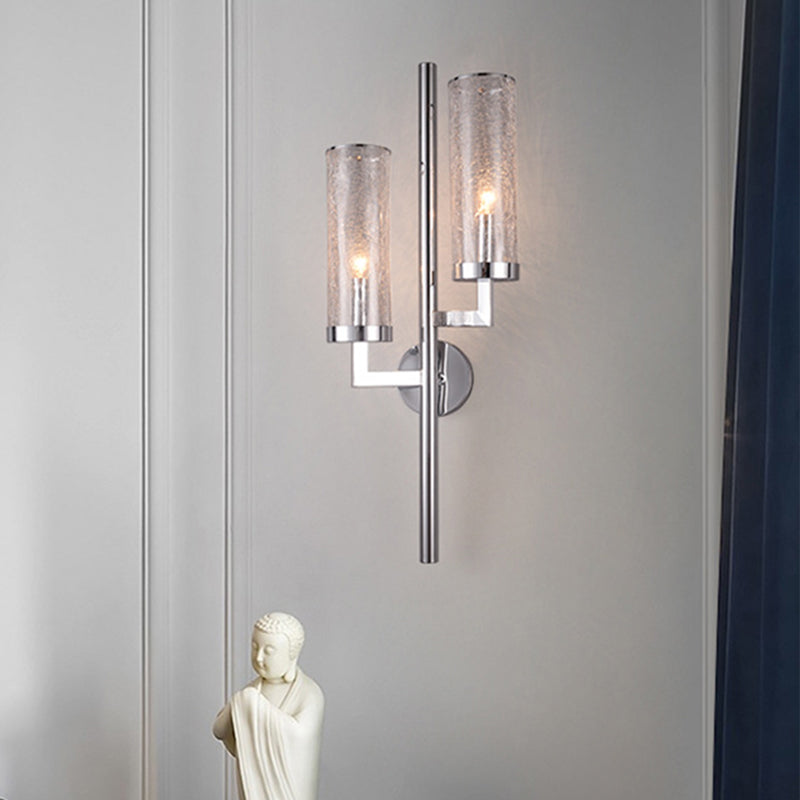 Chrome Armed Wall Lamp Modern 2 Bulbs Metal Sconce Light Fixture with Crackle Glass Shade