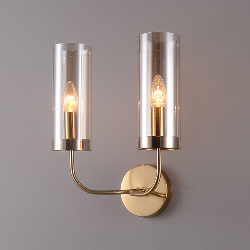 Cognac -Glaszylinderlinderleuchte modernistische 2 Lampenmontagelampe in Gold mit metallischem Arm