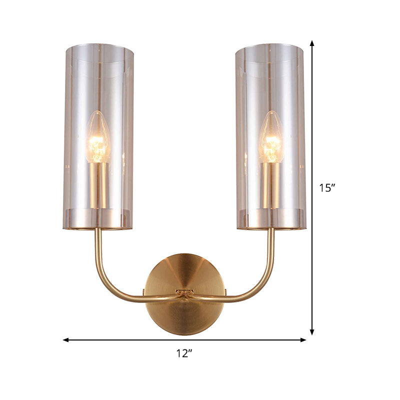 Cognac -Glaszylinderlinderleuchte modernistische 2 Lampenmontagelampe in Gold mit metallischem Arm