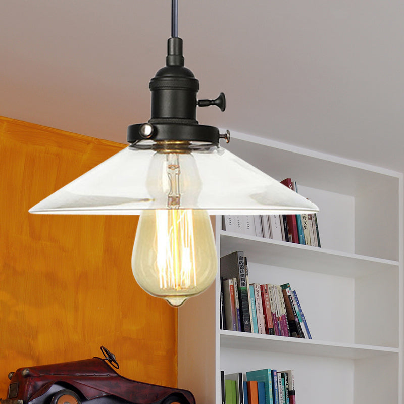 Farmhouse Style Cone Pendant Lamp Metallic and Clear Glass 1 Bulb Indoor Height Adjustable Ceiling Light in Black/Bronze/Brass