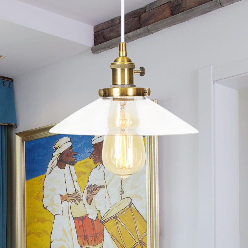 Farmhouse Style Cone Pendant Lamp Metallic and Clear Glass 1 Bulb Indoor Height Adjustable Ceiling Light in Black/Bronze/Brass