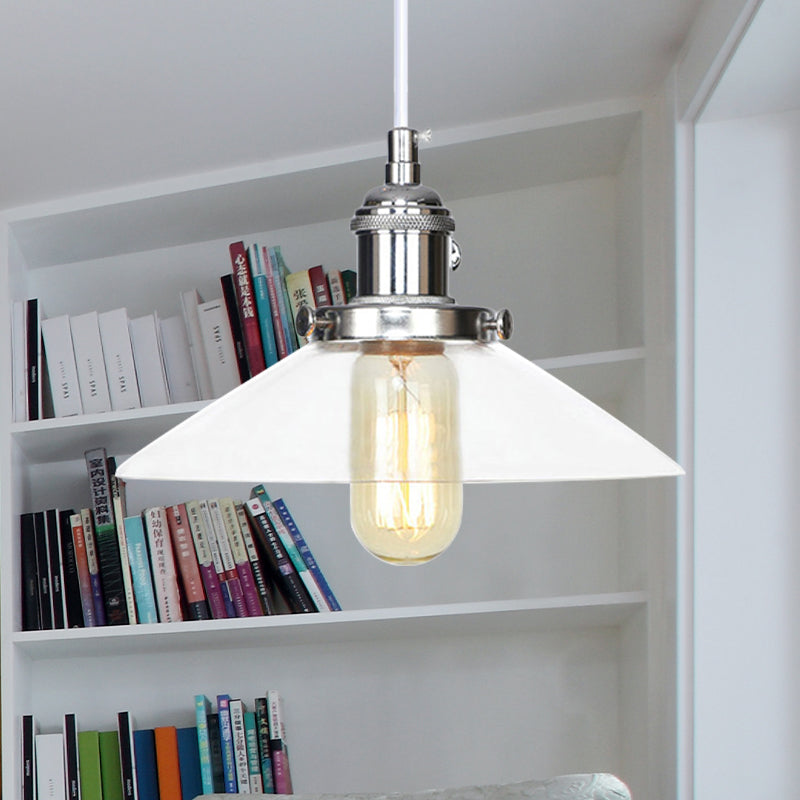 Farmhouse Style Cone Pendant Lamp Metallic and Clear Glass 1 Bulb Indoor Height Adjustable Ceiling Light in Black/Bronze/Brass