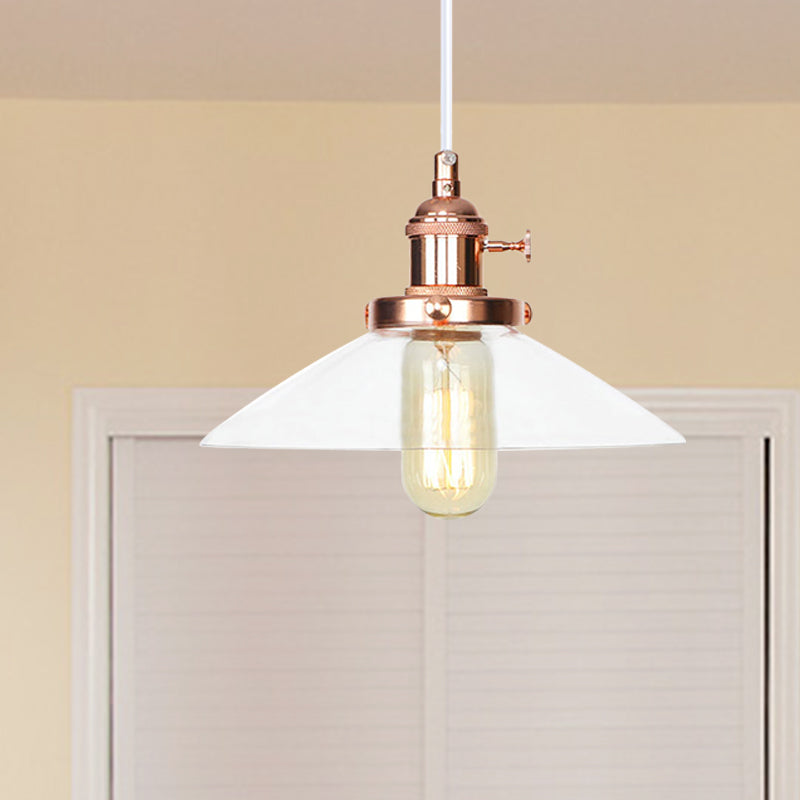 Farmhouse Style Cone Pendant Lamp Metallic and Clear Glass 1 Bulb Indoor Height Adjustable Ceiling Light in Black/Bronze/Brass