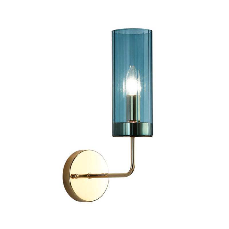 Contemporary Tubular Sconce Cognac/Light Blue Glass 1 Head Living Room Wall Mounted Light Fixture