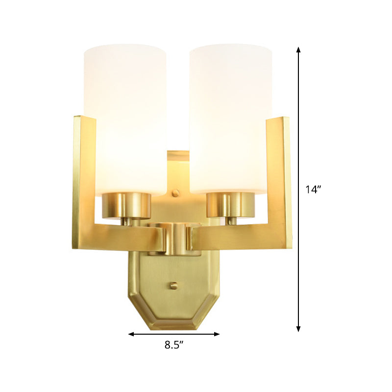 Modernist 2 Heads Sconce Light Gold Cylinder Wall Mounted Lamp with Milk Glass Shade
