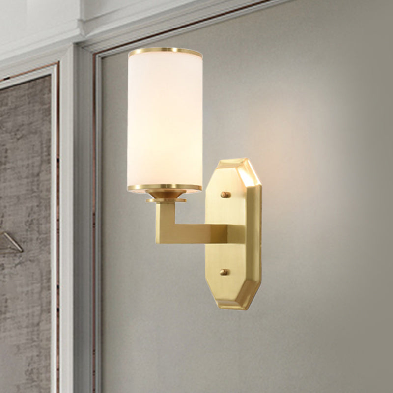 Modernism Cylindrical Sconce Light Opal Glass 1 Bulb Wall Lighting Fixture in Gold with Metal Arm