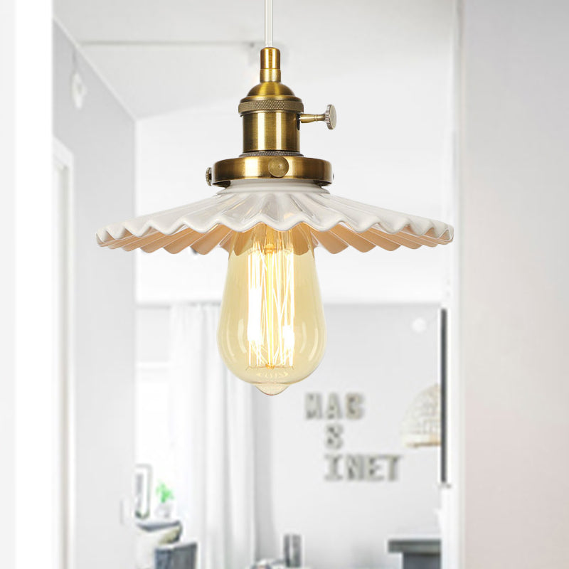 Industrial Scalloped Edge Hanging Light Fixture Ceramic 1 Bulb Dining Room Pendant Ceiling Light in Black/Bronze/Brass